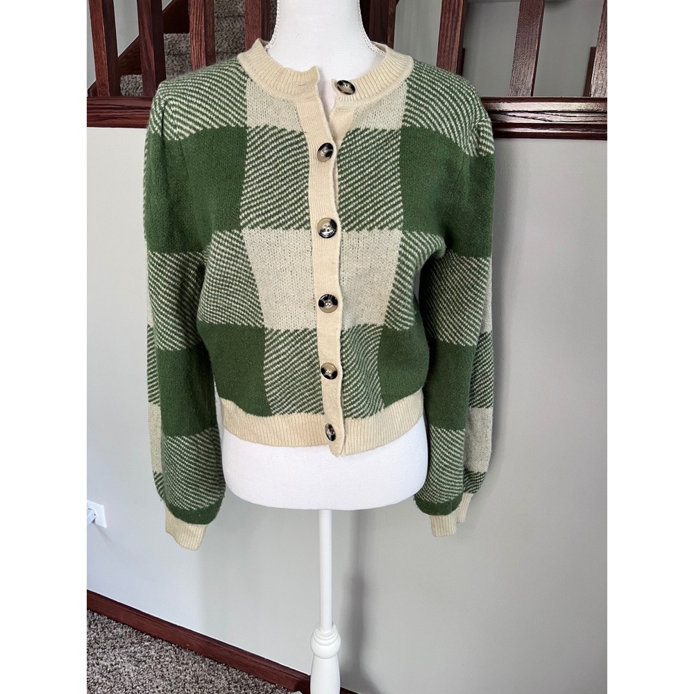 Lost + Wander Green Cream Plaid Cropped Cardigan Sweater M/L Puff Sleeve